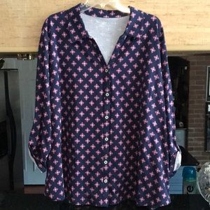 Kim Rogers Curvy blue & pink button up shirt with 3/4 length button sleeves